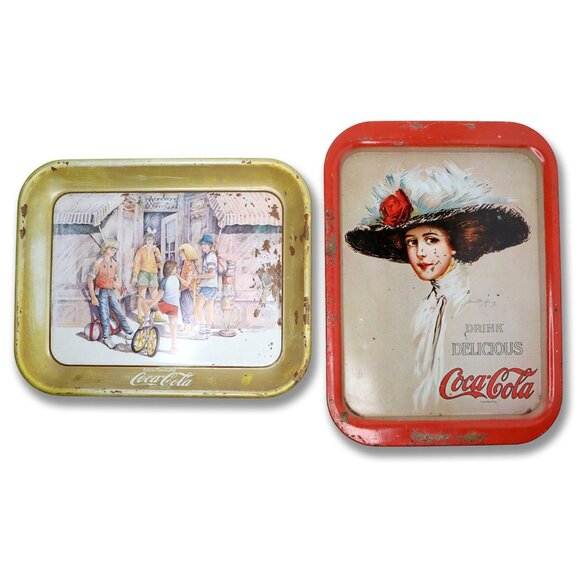 Vintage Coca-Cola Serving Trays Set of 2 Small Metal Coke Trays Retro 80s Promo - Picture 1 of 13